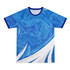 A blue active T-shirt featuring a swirled design and contrasting white accents. It has a simple logo.