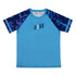 A custom women's active T-shirt in blue with patterned navy sleeves and a logo on the front.