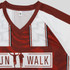 A maroon and white active V-neck T-shirt featuring a logo and dynamic design elements.