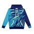 A custom women's active hoodie in blue and green with a geometric pattern and a logo. Features a front pocket and hood.