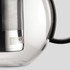A glass tea press featuring a stainless steel infuser and a black handle, with a logo on the body.