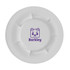 A white pet dish featuring a cartoon dog design and a logo in purple.