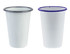 A drink tumbler featuring a white enamel finish with a black and blue rim. Two tumblers displayed side by side.