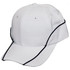 A white cap with contrast black lining and a pre-curved brim. It features ventilation holes and a logo.