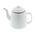 A white enamel teapot with a blue rim, featuring a spout and a lid. It has a sturdy handle and a simple design.