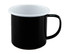 A two-tone mug featuring a black exterior and a white inner surface, with a sturdy handle and a logo.