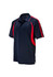 A navy blue polo shirt featuring red side stripes and a collar, with a logo on the chest.