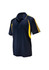 A navy polo shirt with yellow accents and a collar, featuring a logo on the chest.