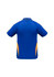 A blue polo shirt with yellow accents and branded logo on the back.