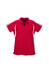 A red polo shirt with white accents and a collar, featuring a logo on the front.