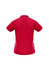 A red polo shirt featuring short sleeves and white side accents. It has a branding logo on the back.