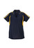 A navy polo shirt with yellow accents and a collar, featuring buttons and a branding logo.