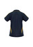 A black and yellow ladies' polo shirt with short sleeves and a logo on the back.