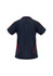 A navy polo shirt with red accents, featuring a logo on the back. Designed for ladies.