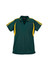 A green and yellow ladies polo shirt with short sleeves and a collar, featuring a logo.