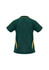 A green polo shirt with yellow detailing and a logo, featuring short sleeves and a collar.