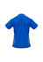 A blue polo shirt with yellow accents, featuring a logo on the back. Short sleeves and a collar complete the design.
