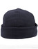 A dark navy polar fleece beanie with a rolled cuff and stitching details, featuring a logo.