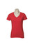 A red short sleeve tee with a V-neck design displayed on a mannequin. The shirt has a logo on it.