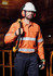 An orange work shirt with reflective tape, worn by a man holding a tool, accompanied by a safety helmet and gloves.