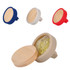 A set of four car air fresheners in red, white, blue, and beige, featuring bamboo lids and visible gel beads inside.