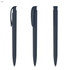 A set of dark blue plastic pens featuring a soft grip design, showcased from three different angles.