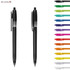 A plastic pen with a black body and clip, alongside various coloured pens in orange, green, purple, yellow, and more.