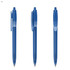 A plastic pen in blue, featuring a clear grip and a clip, displayed from three angles.