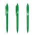 A set of three green plastic pens displayed from different angles, featuring transparent barrels and clips.