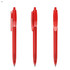 Three red plastic pens are displayed from different angles, featuring a clip and a transparent barrel. Each pen has a rounded top.