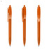 An orange plastic pen featuring a transparent barrel and a clip, shown from three different angles.
