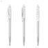 A clear plastic pen with a retractable design and grip. The pen features a clip and is shown from multiple angles.