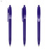 A set of three purple plastic pens featuring a click mechanism and clear grips, each with a branding logo.
