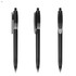 A black plastic pen with a clip, featuring a sleek design and a push-button mechanism. It has a logo on the barrel.