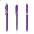 A set of three purple plastic pens with click mechanisms and clear grips. The pens have a simple design and branding present.