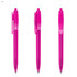 A pink plastic pen displayed from three angles, featuring a clip and a logo.