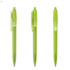 A set of three transparent green plastic pens featuring a clip and a click mechanism. Each pen has a clear barrel.