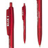 A red plastic pen with a clip and a logo, showcasing a sleek design.