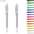 A plastic pen in silver with a click mechanism, displayed alongside various coloured pen options. It features a logo.