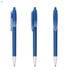 A blue plastic pen with a click mechanism and a silver tip, featuring a branding logo.