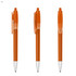 An orange plastic pen with a transparent grip, featuring a click mechanism. The pen has a silver tip.
