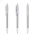 A set of three plastic pens in silver with transparent grips. Each pen features a clip and a branding logo.