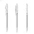 A set of three plastic pens in transparent and silver with a click mechanism and an attached clip.