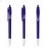A purple plastic pen with a clear clip and silver tip, featuring branding on the barrel.
