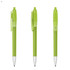 A green plastic pen with a transparent body and silver nib, featuring a clip and push button. It has a logo.