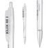 A plastic pen featuring a clear body and silver accents, with a logo on the side.