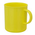 A bright yellow plastic mug with a handle, featuring a sleek, smooth design and a branded logo.