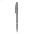 A plastic pen in a sleek grey colour with a clip and a gold nib, featuring a simple branding logo.