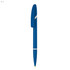 A blue plastic pen with a prominent clip and a sleek design, featuring a logo on its barrel.