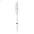 A white plastic pen with a black band and a clip for easy carrying. It features a sleek design and a logo.